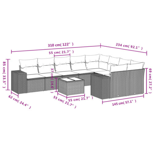 10-Piece Garden Sofa Set with Cushions Outdoor Patio Lounge Furniture Beige Poly Rattan - Image 3