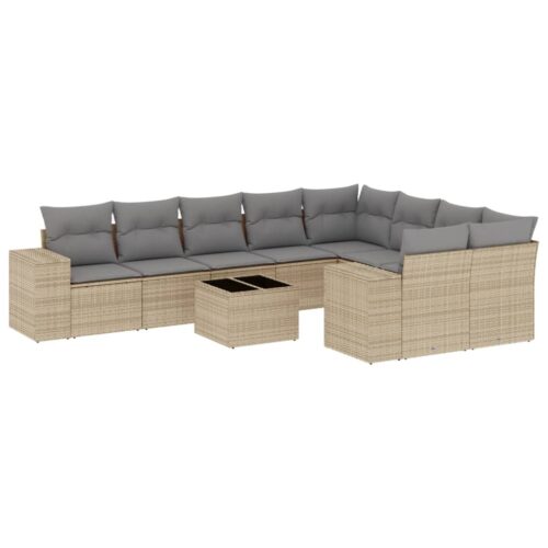 10-Piece Garden Sofa Set with Cushions Outdoor Patio Lounge Furniture Beige Poly Rattan - Image 5