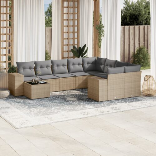 10-Piece Garden Sofa Set with Cushions Outdoor Patio Lounge Furniture Beige Poly Rattan - Image 2