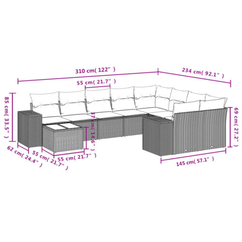 10-Piece Garden Sofa Set with Cushions Outdoor Patio Lounge Furniture Beige Poly Rattan - Image 3