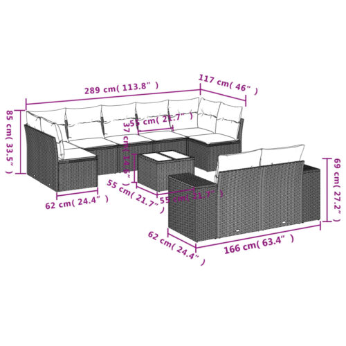 10-Piece Garden Sofa Set with Cushions Outdoor Patio Lounge Furniture Beige Poly Rattan - Image 3