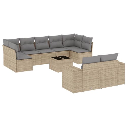 10-Piece Garden Sofa Set with Cushions Outdoor Patio Lounge Furniture Beige Poly Rattan - Image 5