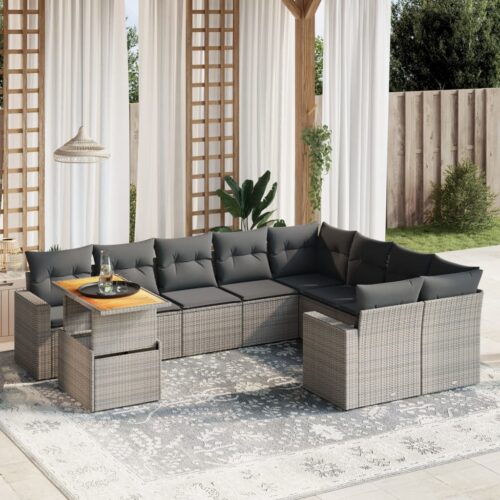 10-Piece Garden Sofa Set with Cushions Outdoor Patio Lounge Furniture Grey Poly Rattan - Image 2