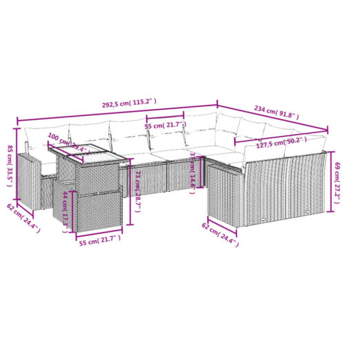 10-Piece Garden Sofa Set with Cushions Outdoor Patio Lounge Furniture Grey Poly Rattan - Image 3