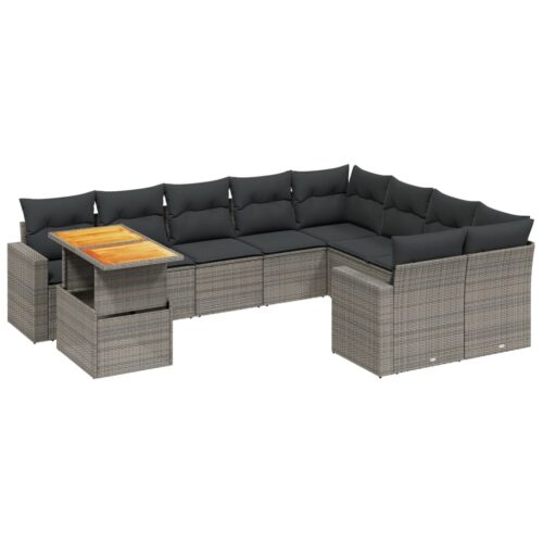 10-Piece Garden Sofa Set with Cushions Outdoor Patio Lounge Furniture Grey Poly Rattan - Image 5