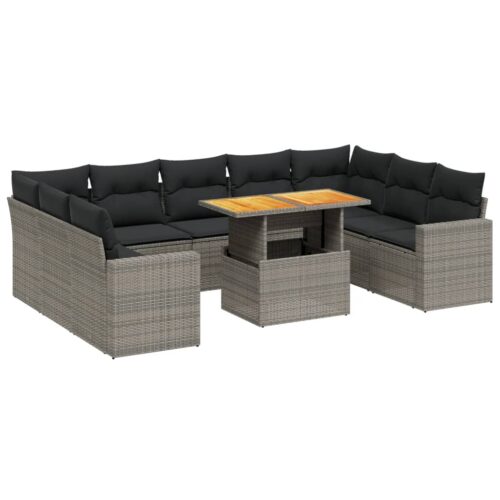 10-Piece Garden Sofa Set with Cushions Outdoor Patio Lounge Furniture Grey Poly Rattan