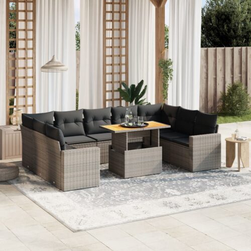 10-Piece Garden Sofa Set with Cushions Outdoor Patio Lounge Furniture Grey Poly Rattan - Image 2