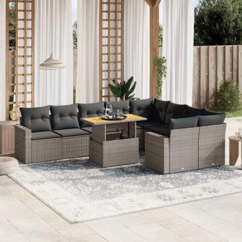 10-Piece Garden Sofa Set with Cushions Outdoor Patio Lounge Furniture Grey Poly Rattan - Image 2