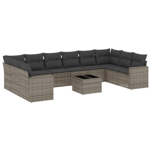 11-Piece Garden Sofa Set with Cushions Outdoor Patio Lounge Furniture Grey Poly Rattan