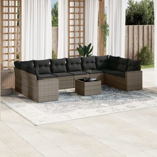 11-Piece Garden Sofa Set with Cushions Outdoor Patio Lounge Furniture Grey Poly Rattan - Image 2