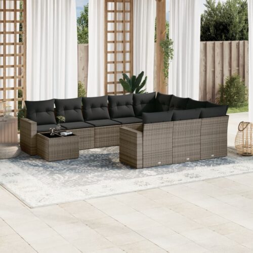11-Piece Garden Sofa Set with Cushions Outdoor Patio Lounge Furniture Grey Poly Rattan - Image 2