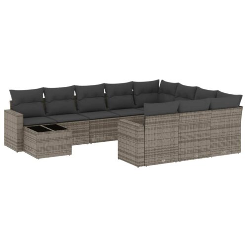 11-Piece Garden Sofa Set with Cushions Outdoor Patio Lounge Furniture Grey Poly Rattan - Image 14