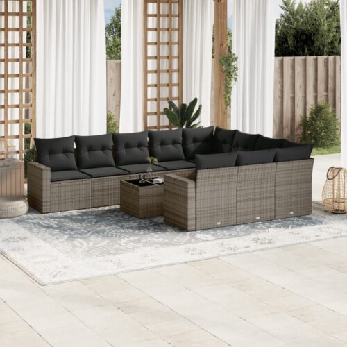 11-Piece Garden Sofa Set with Cushions Outdoor Patio Lounge Furniture Grey Poly Rattan - Image 2