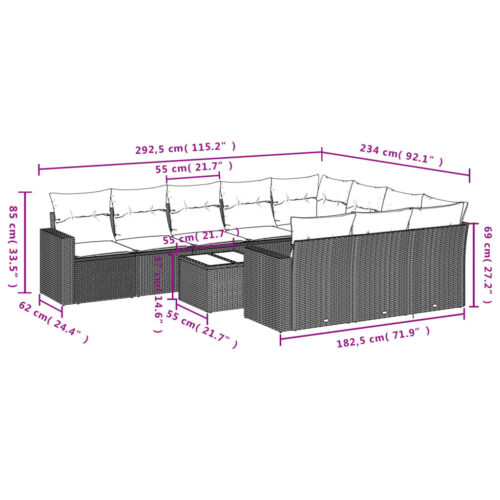 11-Piece Garden Sofa Set with Cushions Outdoor Patio Lounge Furniture Grey Poly Rattan - Image 8