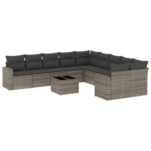 11-Piece Garden Sofa Set with Cushions Outdoor Patio Lounge Furniture Grey Poly Rattan