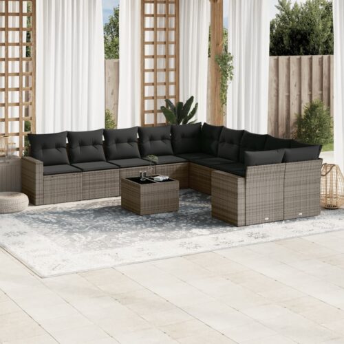 11-Piece Garden Sofa Set with Cushions Outdoor Patio Lounge Furniture Grey Poly Rattan - Image 2
