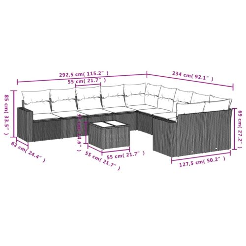 11-Piece Garden Sofa Set with Cushions Outdoor Patio Lounge Furniture Grey Poly Rattan - Image 8