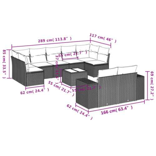 10-Piece Garden Sofa Set with Cushions Outdoor Patio Lounge Furniture Grey Poly Rattan - Image 3