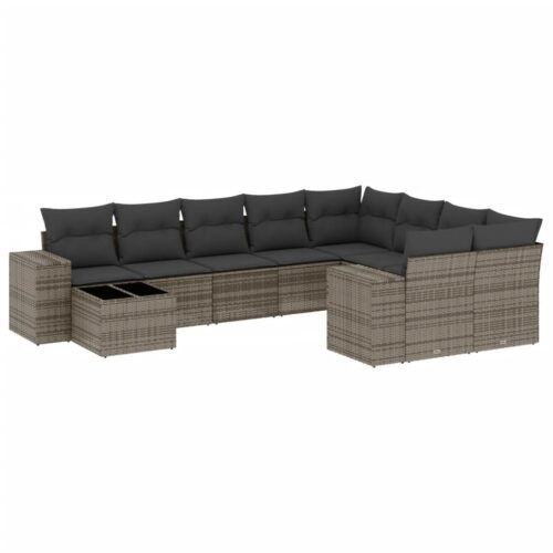 10-Piece Garden Sofa Set with Cushions Outdoor Patio Lounge Furniture Grey Poly Rattan