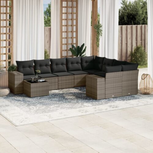 10-Piece Garden Sofa Set with Cushions Outdoor Patio Lounge Furniture Grey Poly Rattan - Image 2