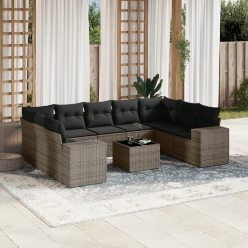 10-Piece Garden Sofa Set with Cushions Outdoor Patio Lounge Furniture Grey Poly Rattan - Image 2