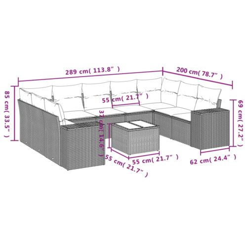 10-Piece Garden Sofa Set with Cushions Outdoor Patio Lounge Furniture Grey Poly Rattan - Image 3