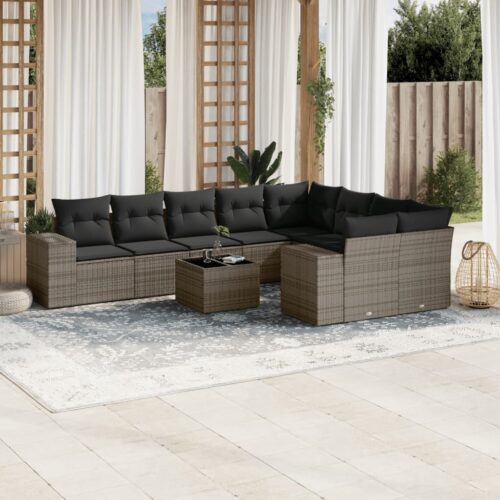 10-Piece Garden Sofa Set with Cushions Outdoor Patio Lounge Furniture Grey Poly Rattan - Image 2