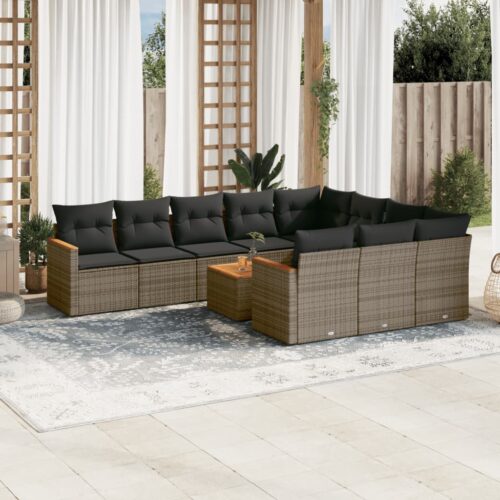 11-Piece Garden Sofa Set with Cushions Outdoor Patio Lounge Furniture Grey Poly Rattan - Image 2