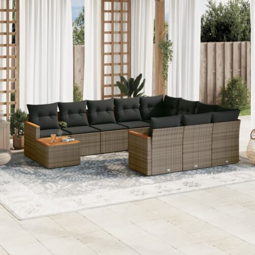 11-Piece Garden Sofa Set with Cushions Outdoor Patio Lounge Furniture Grey Poly Rattan - Image 2