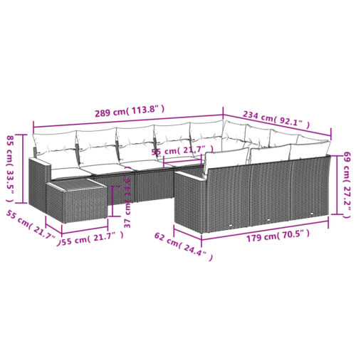 11-Piece Garden Sofa Set with Cushions Outdoor Patio Lounge Furniture Grey Poly Rattan - Image 8