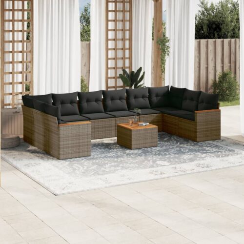 11-Piece Garden Sofa Set with Cushions Outdoor Patio Lounge Furniture Grey Poly Rattan - Image 2