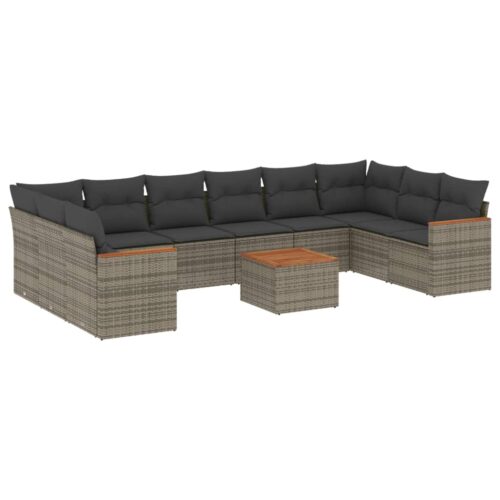 11-Piece Garden Sofa Set with Cushions Outdoor Patio Lounge Furniture Grey Poly Rattan - Image 13