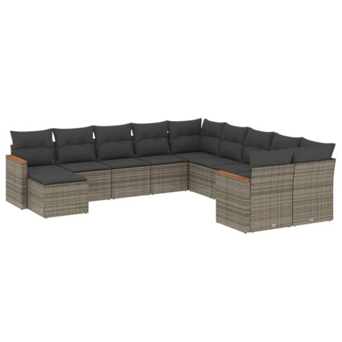 11-Piece Garden Sofa Set with Cushions Outdoor Patio Lounge Furniture Grey Poly Rattan - Image 14