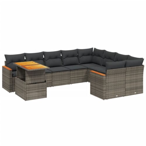 10-Piece Garden Sofa Set with Cushions Outdoor Patio Lounge Furniture Grey Poly Rattan