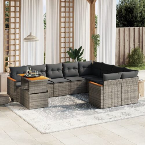 10-Piece Garden Sofa Set with Cushions Outdoor Patio Lounge Furniture Grey Poly Rattan - Image 2