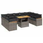 10-Piece Garden Sofa Set with Cushions Outdoor Patio Lounge Furniture Grey Poly Rattan