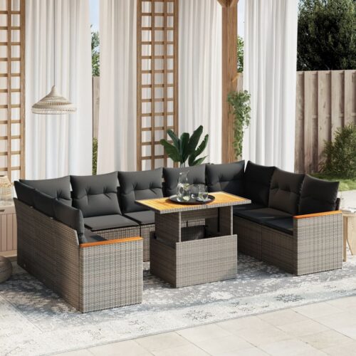 10-Piece Garden Sofa Set with Cushions Outdoor Patio Lounge Furniture Grey Poly Rattan - Image 2