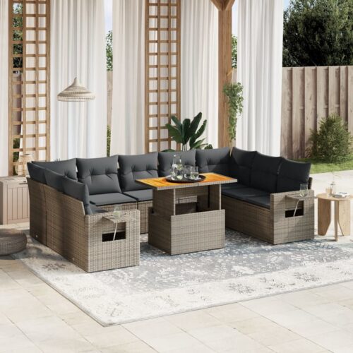 10-Piece Garden Sofa Set with Cushions Outdoor Patio Lounge Furniture Grey Poly Rattan - Image 2