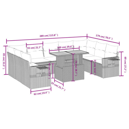 10-Piece Garden Sofa Set with Cushions Outdoor Patio Lounge Furniture Grey Poly Rattan - Image 3