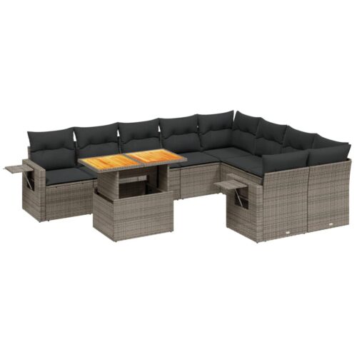 10-Piece Garden Sofa Set with Cushions Outdoor Patio Lounge Furniture Grey Poly Rattan