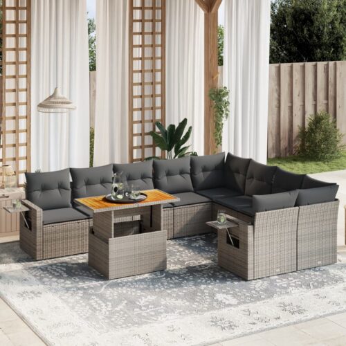 10-Piece Garden Sofa Set with Cushions Outdoor Patio Lounge Furniture Grey Poly Rattan - Image 2