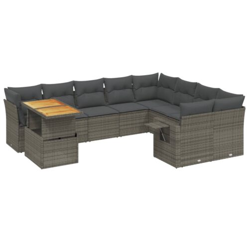 10-Piece Garden Sofa Set with Cushions Outdoor Patio Lounge Furniture Grey Poly Rattan