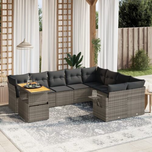 10-Piece Garden Sofa Set with Cushions Outdoor Patio Lounge Furniture Grey Poly Rattan - Image 2