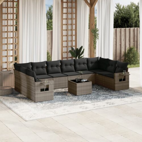 11-Piece Garden Sofa Set with Cushions Outdoor Patio Lounge Furniture Grey Poly Rattan - Image 2