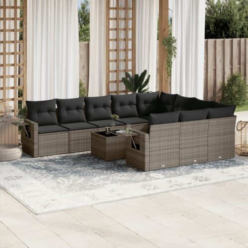 11-Piece Garden Sofa Set with Cushions Outdoor Patio Lounge Furniture Grey Poly Rattan - Image 2