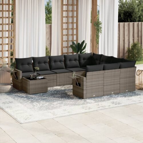 11-Piece Garden Sofa Set with Cushions Outdoor Patio Lounge Furniture Grey Poly Rattan - Image 2