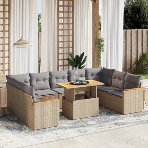 10-Piece Garden Sofa Set with Cushions Outdoor Patio Lounge Furniture Beige Poly Rattan - Image 2