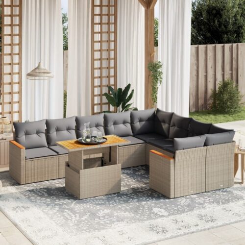 10-Piece Garden Sofa Set with Cushions Outdoor Patio Lounge Furniture Beige Poly Rattan - Image 2