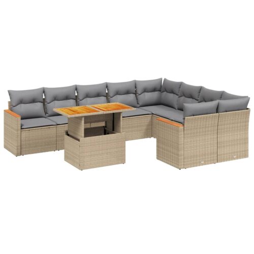 10-Piece Garden Sofa Set with Cushions Outdoor Patio Lounge Furniture Beige Poly Rattan - Image 5