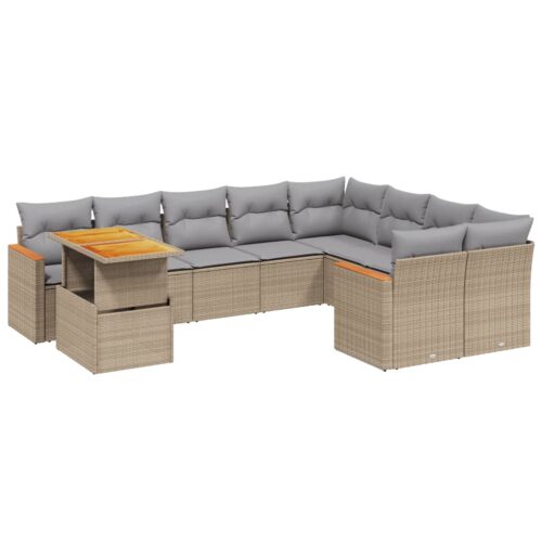 10-Piece Garden Sofa Set with Cushions Outdoor Patio Lounge Furniture Beige Poly Rattan